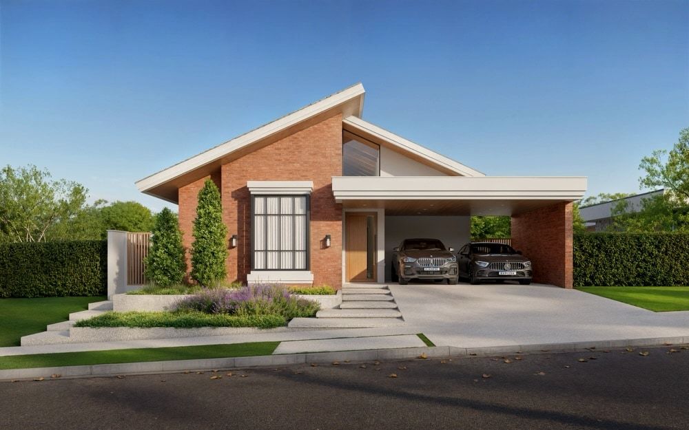 Estudo tridimensional da Casa CL: fachada frontal diurna com garagem coberta.