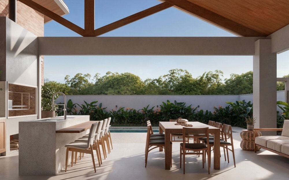 Estudo tridimensional da Casa CL: area gourmet coberta com vista para piscina.