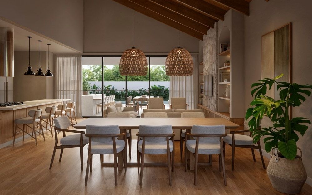 Estudo tridimensional da Casa CL: sala de jantar integrada com pe-direito alto.
