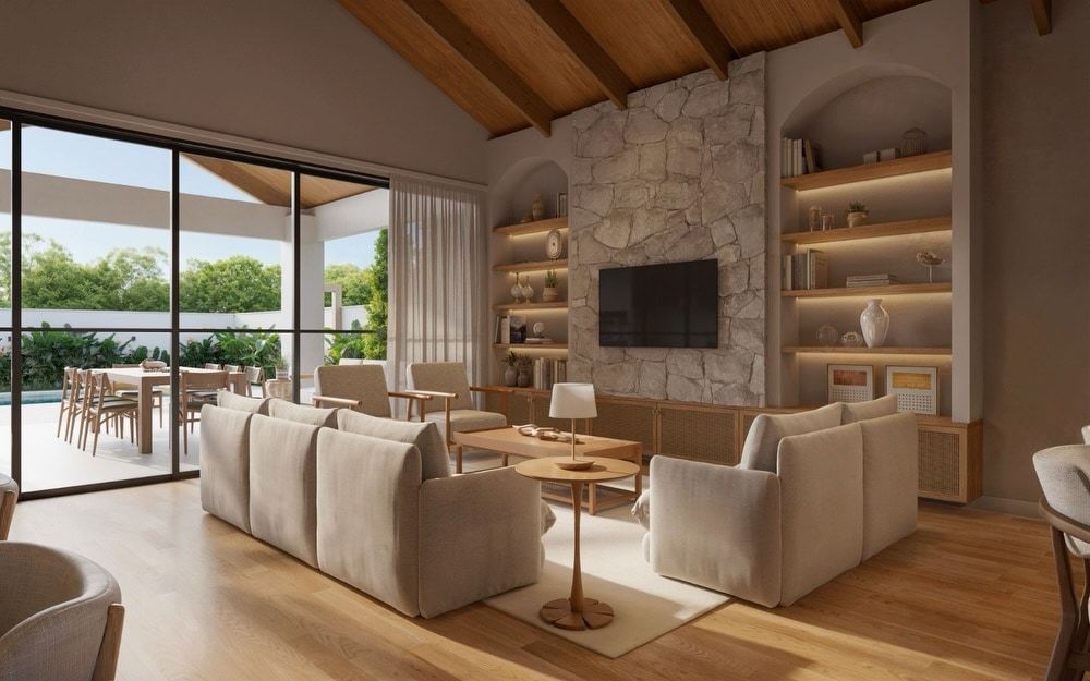 Estudo tridimensional da Casa CL: living com parede de pedra e TV, integrado a varanda.