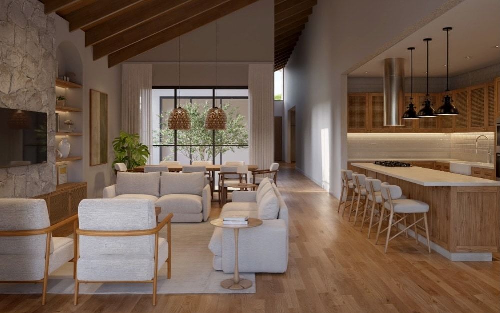 Estudo tridimensional da Casa CL: living e cozinha integrados, angulo oposto.