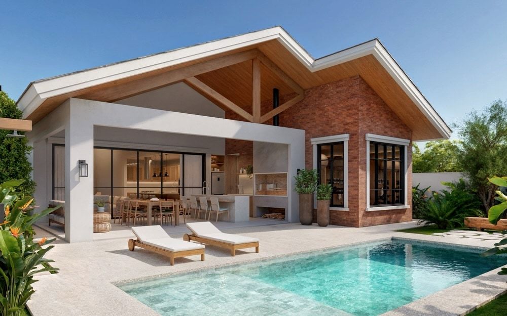 Estudo tridimensional da Casa CL: fachada de fundos com piscina e area gourmet.