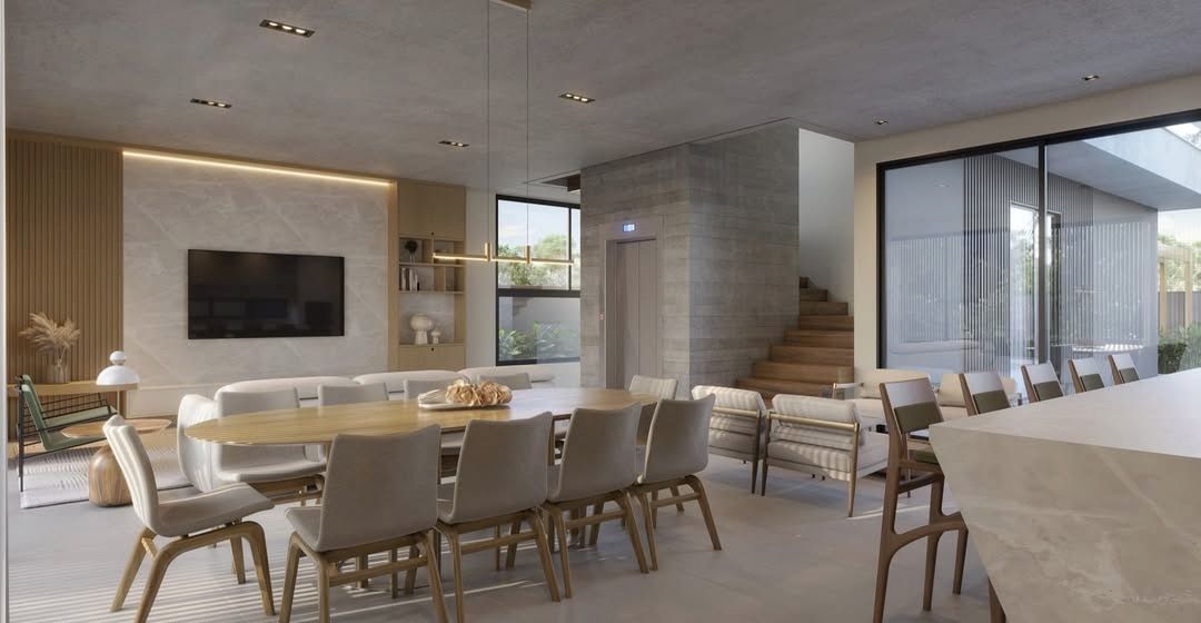 Estudo tridimensional da Casa BA: living e sala de jantar integrados com elevador.