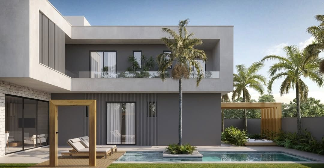 Estudo tridimensional da Casa BA: living e sala de jantar integrados com elevador.