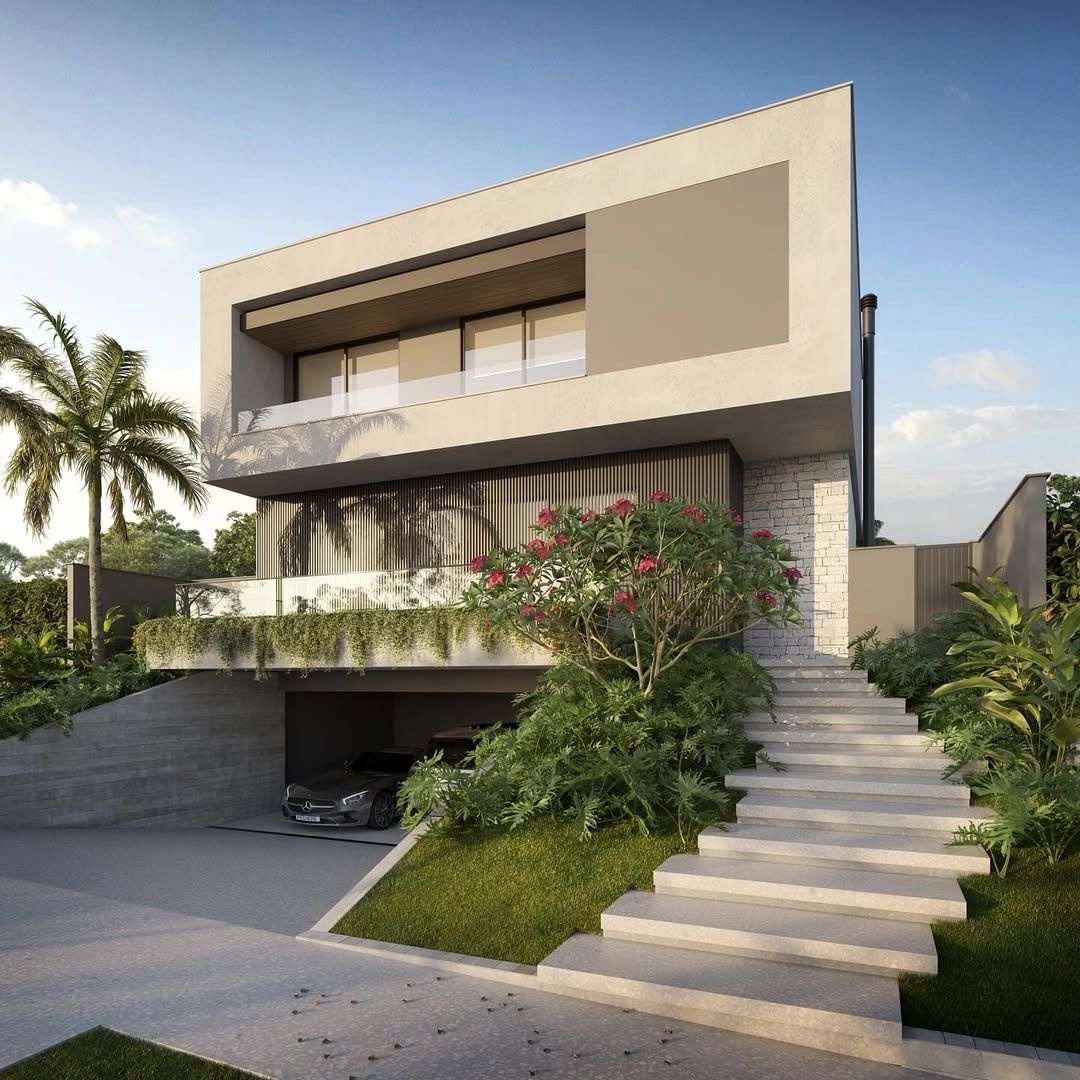 Estudo tridimensional da Casa BA: fachada frontal em perspectiva com escadaria e garagem no subsolo.