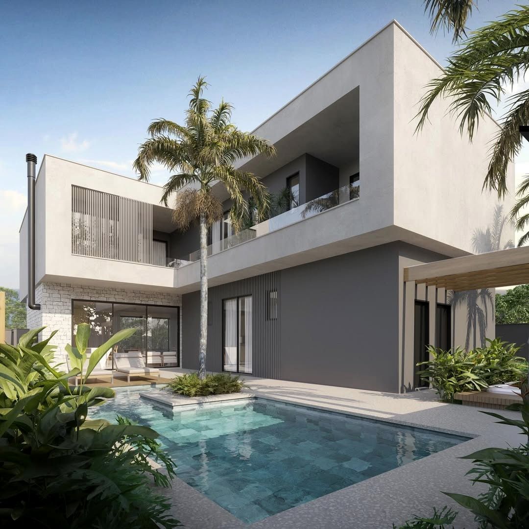 Estudo tridimensional da Casa BA: fachada de fundos com piscina e palmeira central.