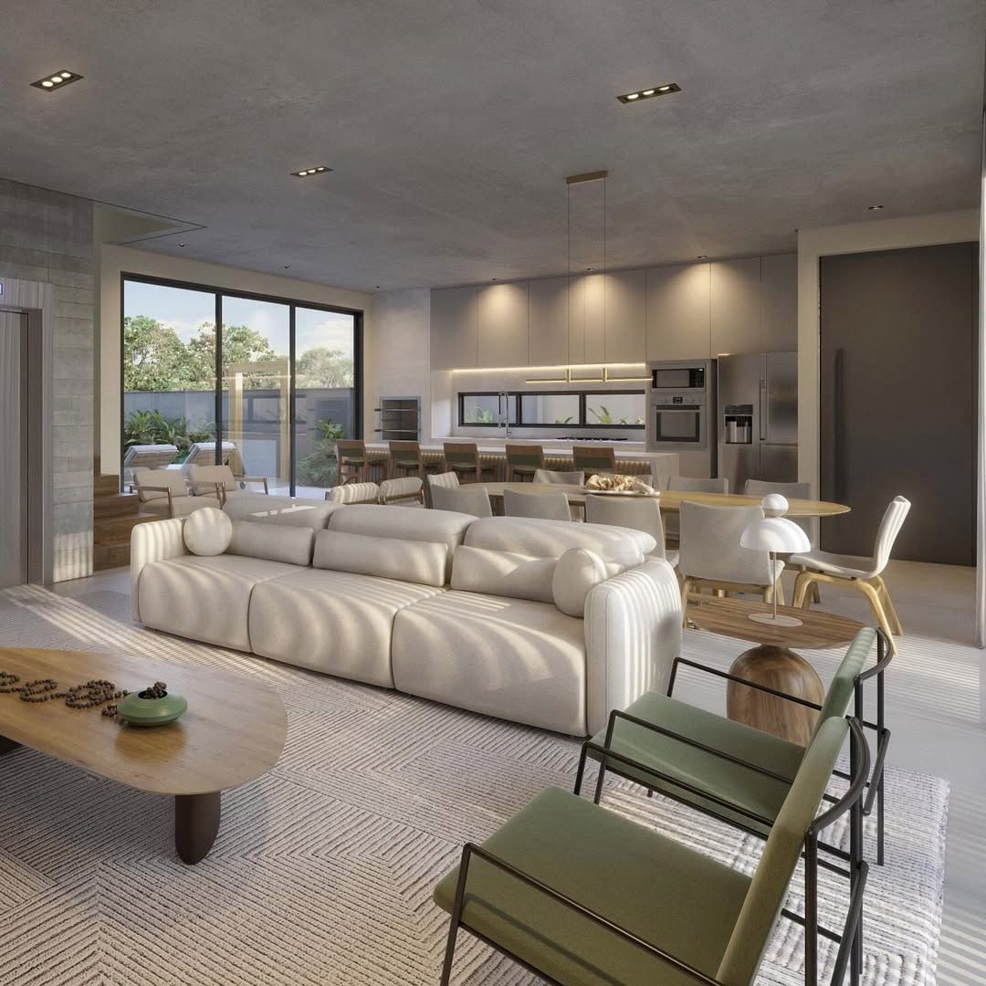 Estudo tridimensional da Casa BA: living integrado com cozinha e forro de concreto.