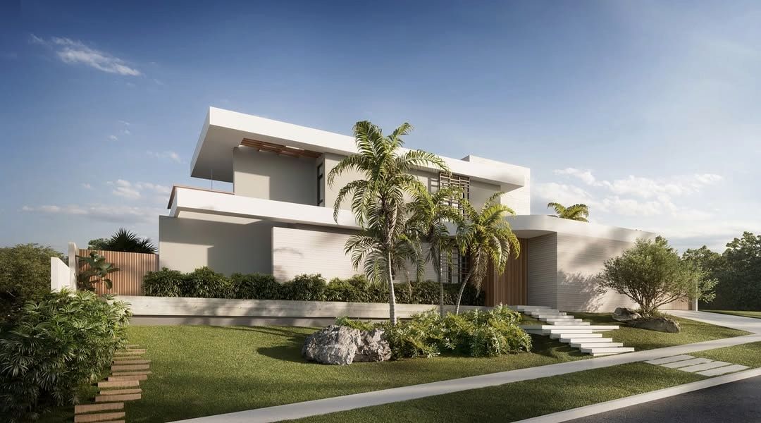 Estudo tridimensional da Casa LM: fachada frontal diurna de casa branca com palmeiras.