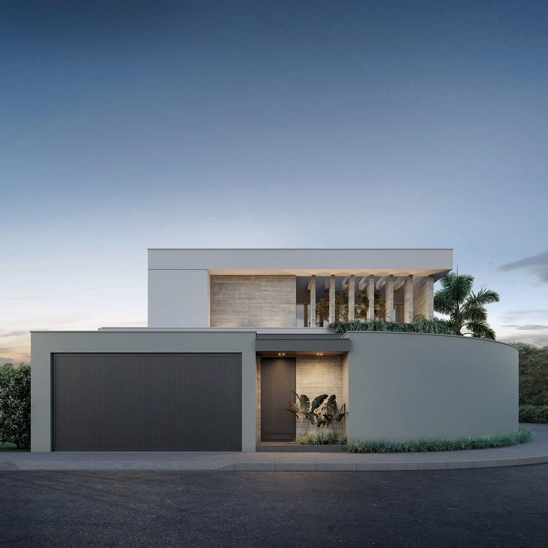 Estudo tridimensional da Casa CD: fachada frontal noturna com muro curvo e concreto aparente.