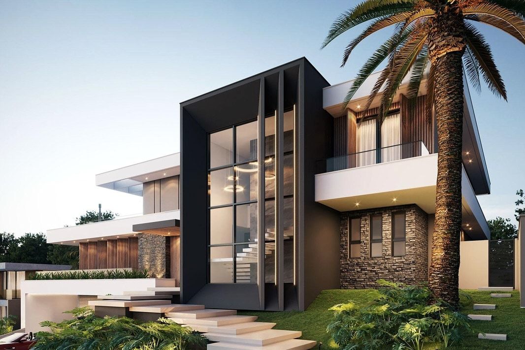 Estudo tridimensional da fachada de acesso ao entardecer: volume vertical envidraçado em moldura preta expondo a escada interna, laje branca em balanço, painel de pedra rústica e uma palmeira adulta à direita.
