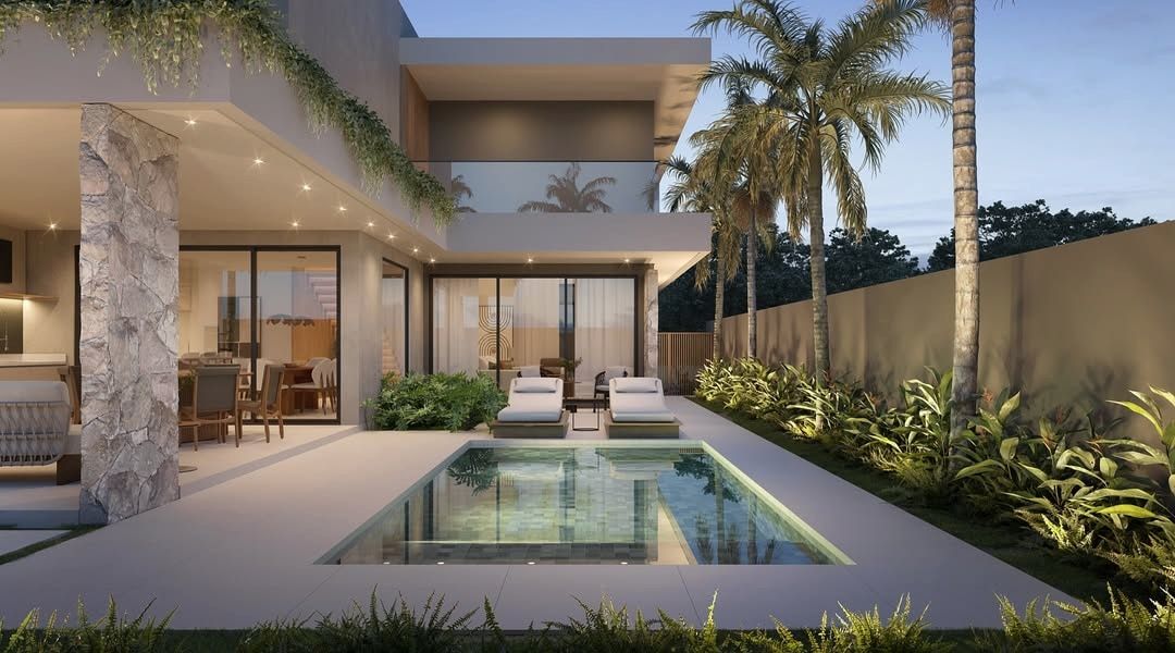 Estudo tridimensional da Casa NJ: piscina vista frontal com espreguicadeiras e varanda superior.