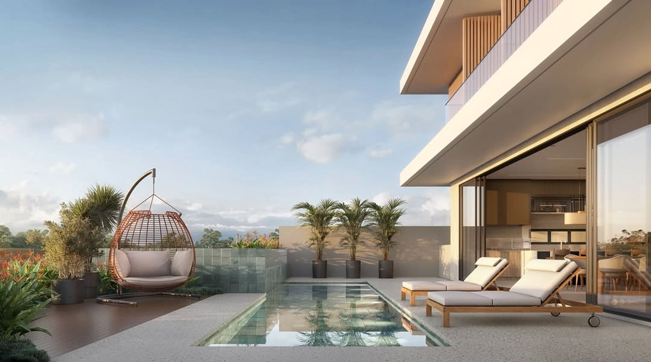 Estudo tridimensional do terraço elevado da Casa KG no fim da tarde: piscina de borda em pastilha verde, poltrona-ovo suspensa e a paisagem distante à esquerda.