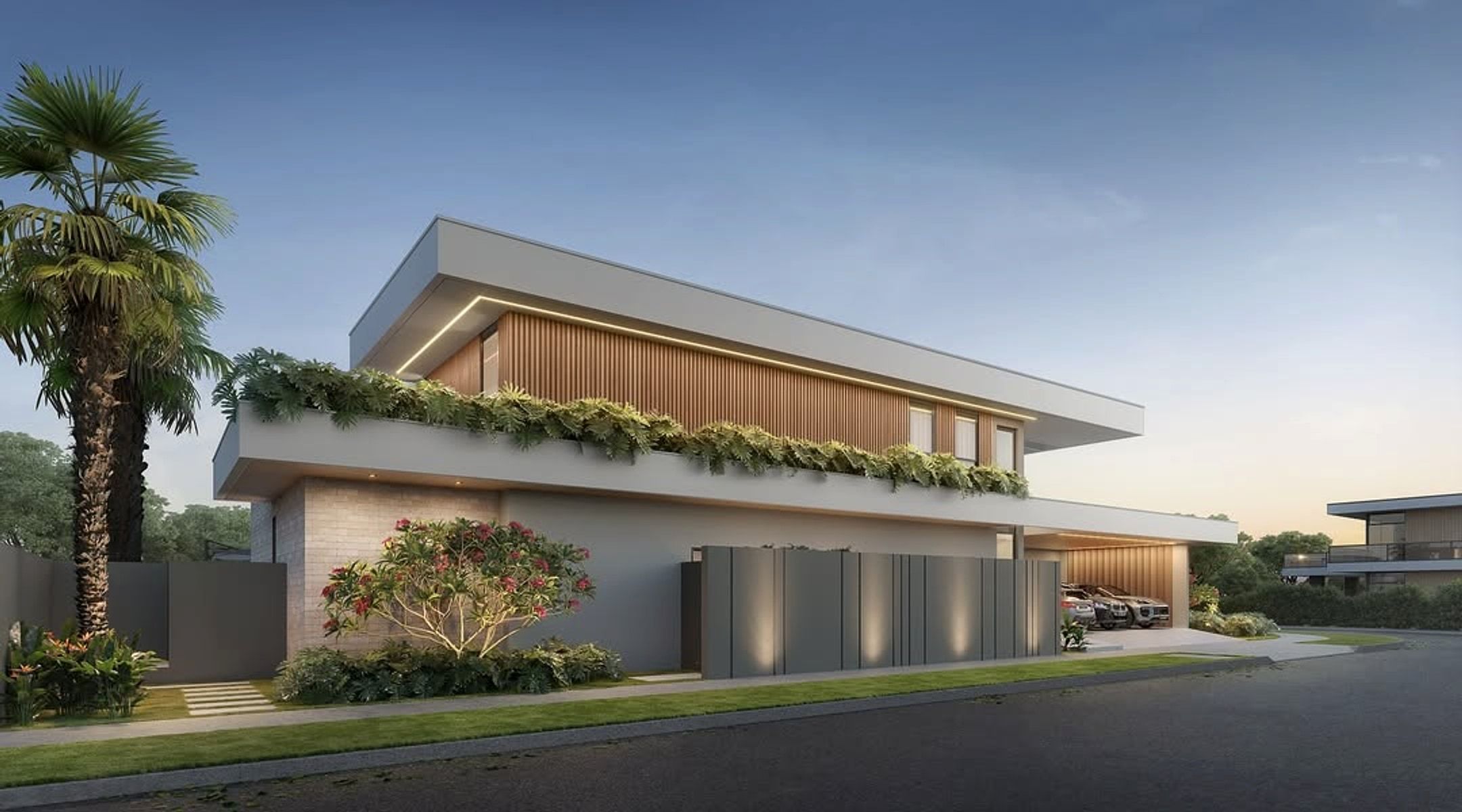 Estudo tridimensional da Casa NF ao entardecer: pavimento superior em madeira ripada com fita de luz sob a laje, jardineira corrida de folhagem pendente e base em tijolo aparente claro.