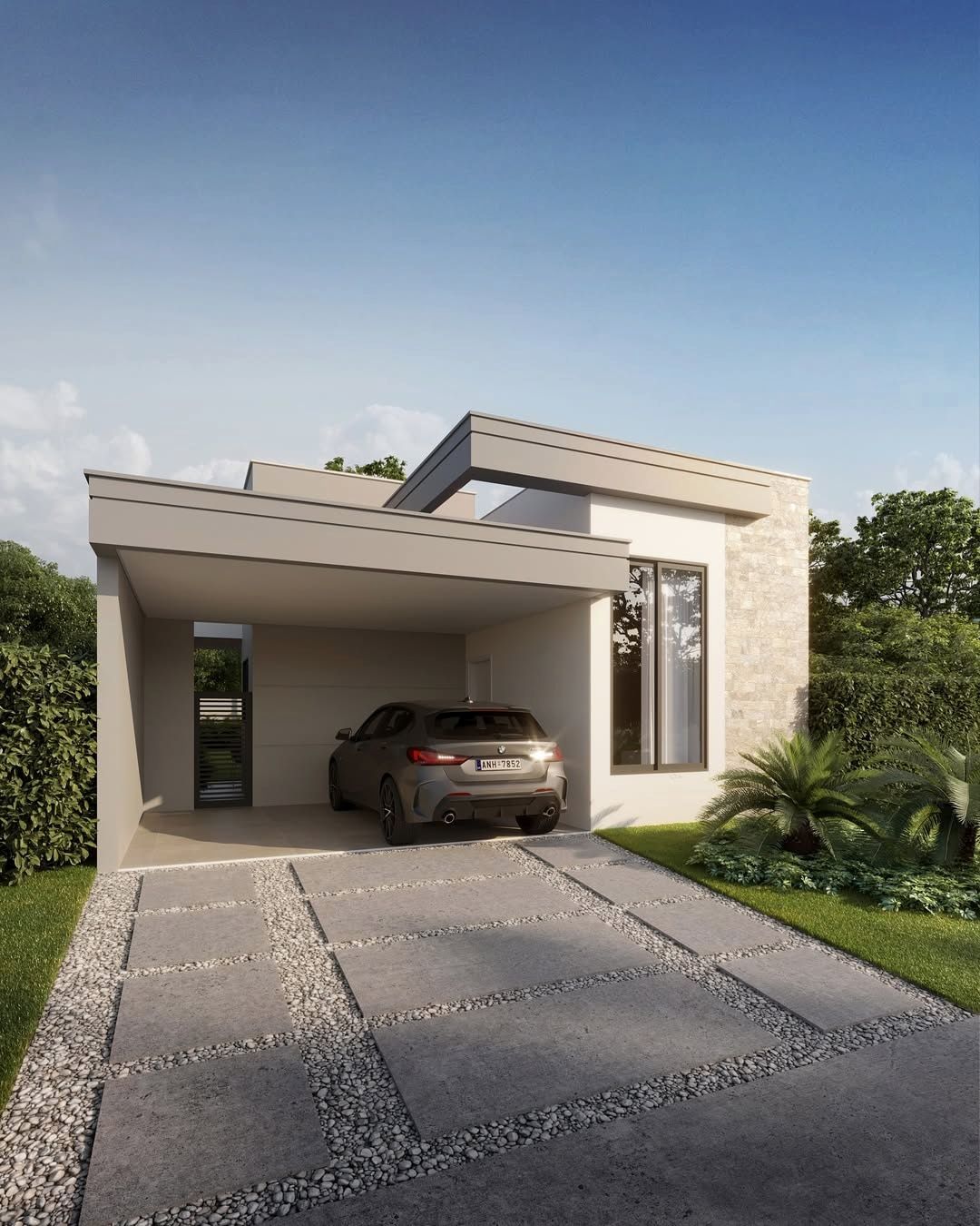 Estudo tridimensional de casa térrea em acabamento contemporâneo: massa cinza-clara, painel lateral em pedra bege e garagem coberta em balanço com pilar único.