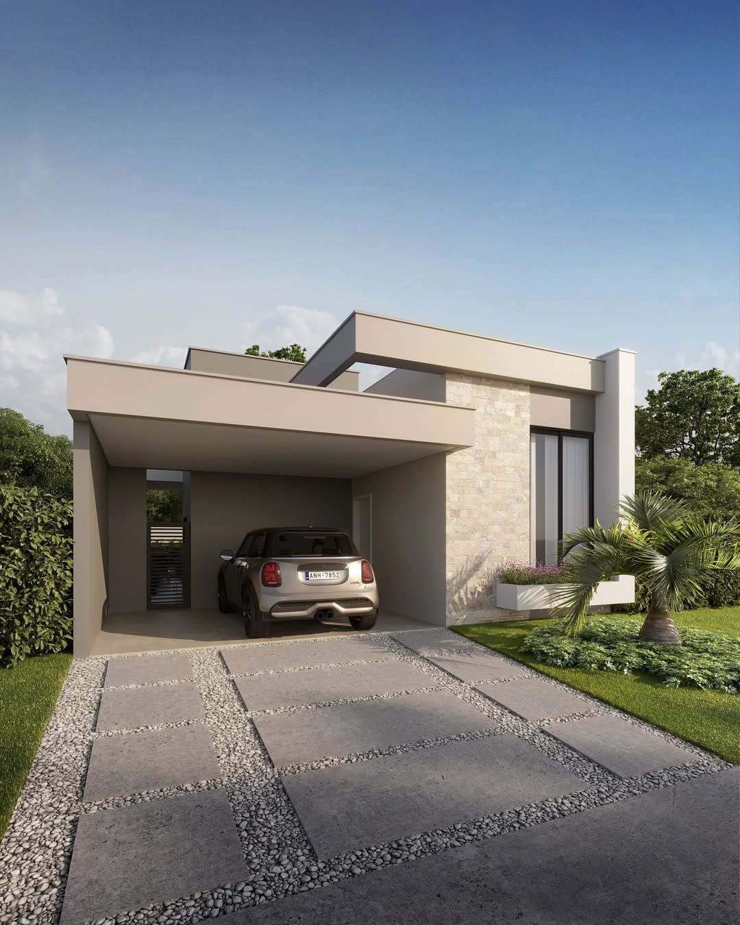 Estudo tridimensional da mesma casa com o painel em pedra clara ampliado: massa bege mais quente, jardineira florida e porta de vidro com cortina.