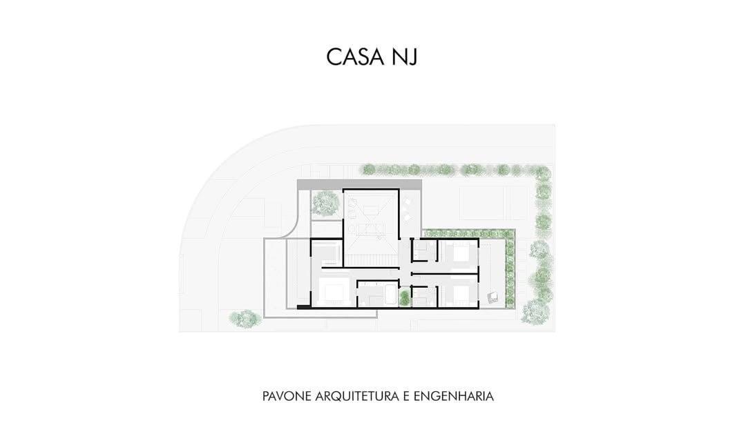 Planta baixa do pavimento superior da Casa NJ, com quatro dormitórios, estar íntimo, escada e varandas.