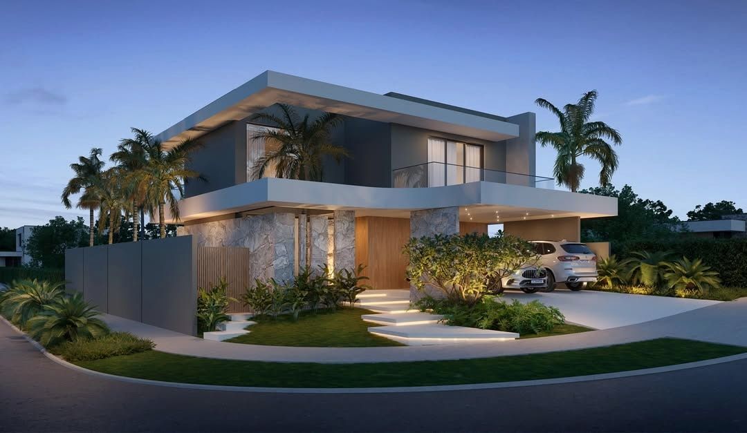 Estudo tridimensional da Casa NJ: fachada frontal noturna da Casa NJ em esquina.