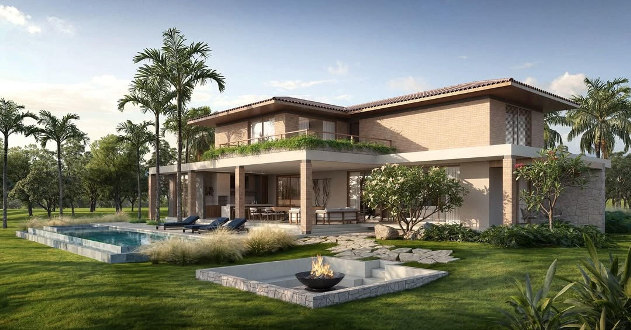 Estudo tridimensional dos fundos da Casa PP, casa de campo em tijolo aparente com telhado cerâmico, piscina raia alongada e um brasero aceso no gramado, com campo aberto ao fundo.