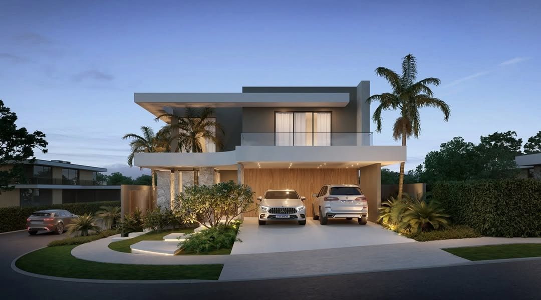 Estudo tridimensional da Casa NJ: fachada frontal ao entardecer com garagem e carros.