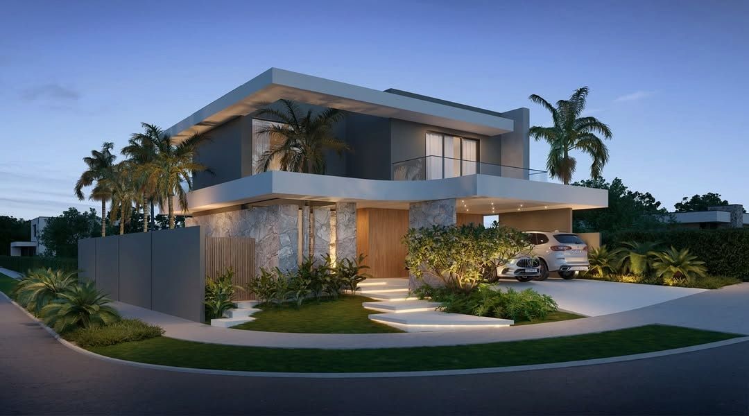 Estudo tridimensional da Casa NJ: fachada em perspectiva de esquina, noite, pedra e ripado.