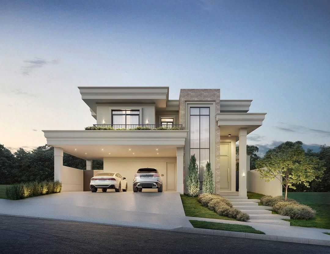 Estudo tridimensional da Casa GA: fachada neoclassica ao entardecer com garagem e carros.