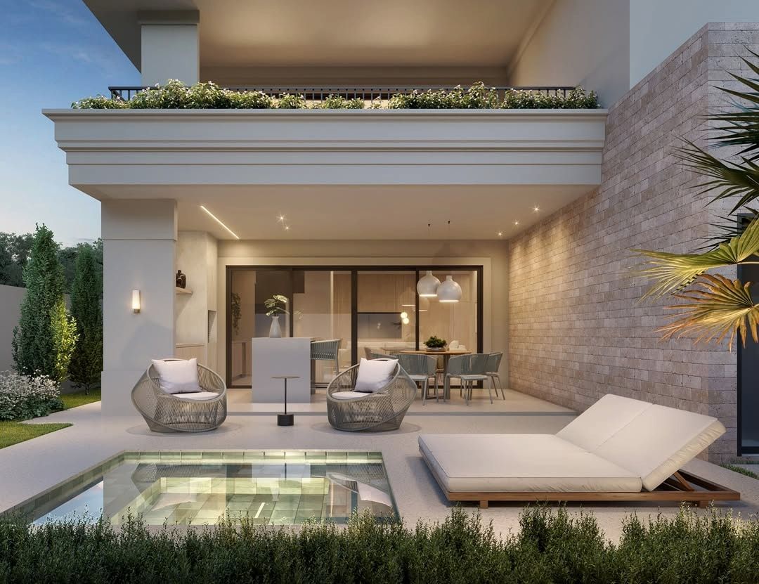 Estudo tridimensional da Casa GA: area de lazer com piscina pequena e espreguicadeiras.