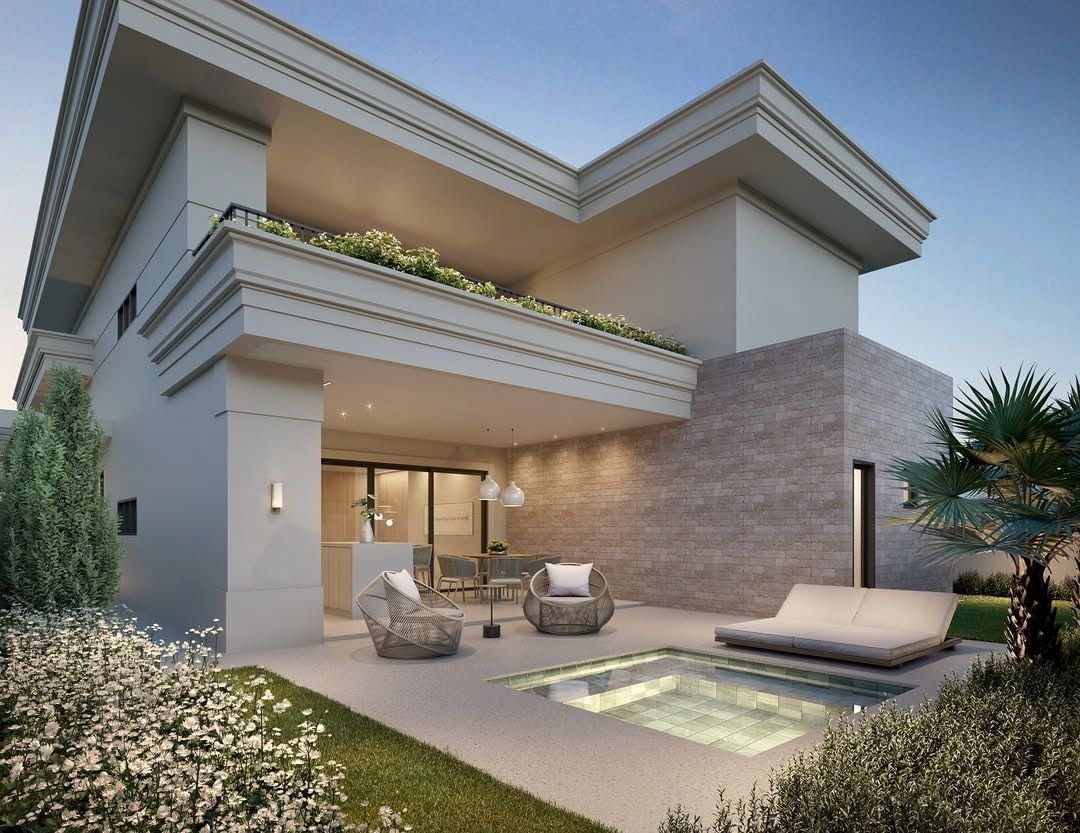 Estudo tridimensional da Casa GA: fundos da casa com piscina e jardim florido.