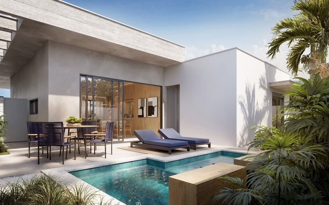 Estudo tridimensional da Casa LG: area de lazer com piscina, deck e vegetacao tropical.