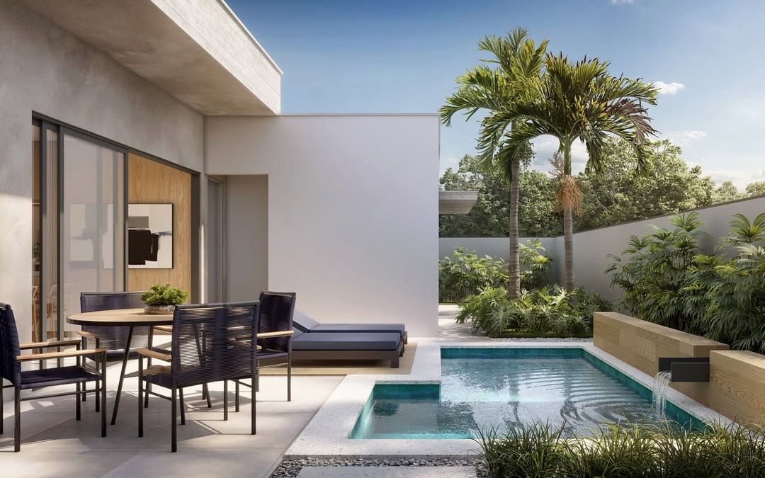 Estudo tridimensional da Casa LG: piscina com cascata em bloco de madeira e area de refeicoes.