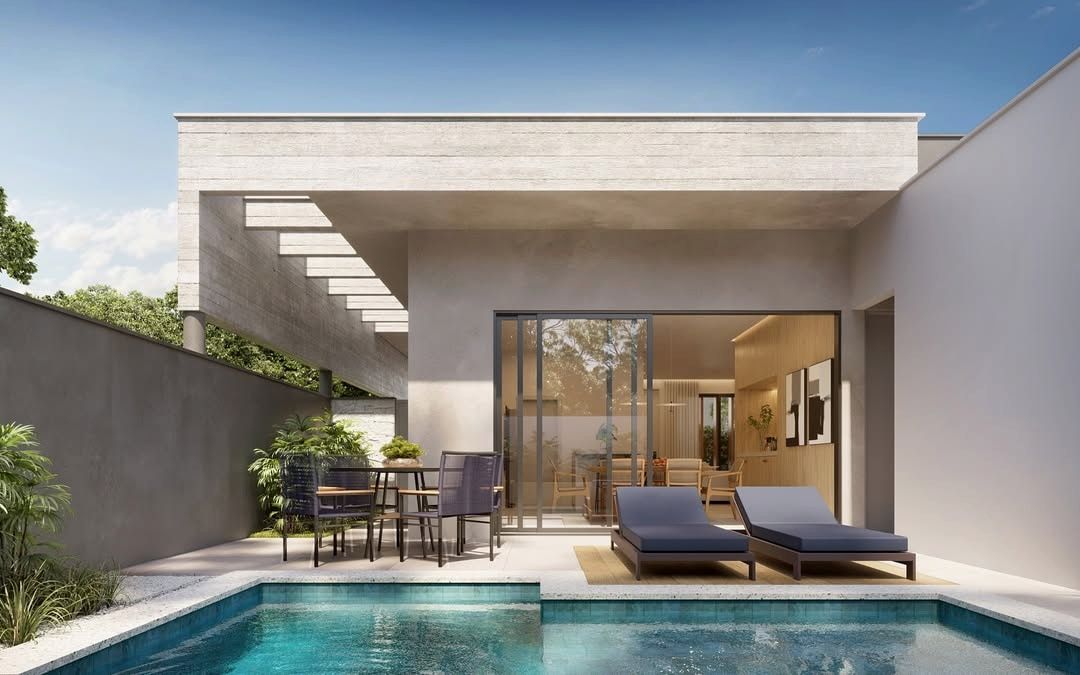 Estudo tridimensional da Casa LG: area de lazer com piscina e fachada dos fundos.