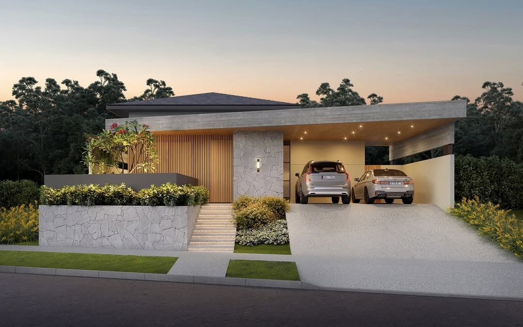 Estudo tridimensional da Casa JV: fachada frontal ao entardecer com garagem coberta.