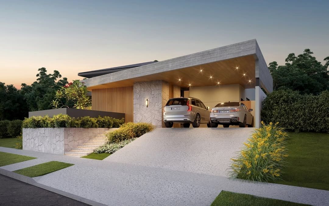 Estudo tridimensional da Casa JV: fachada frontal em perspectiva, entardecer, rampa de garagem.