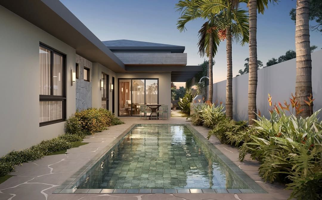Estudo tridimensional da Casa JV: piscina de raia com pastilha verde entre casa e muro.