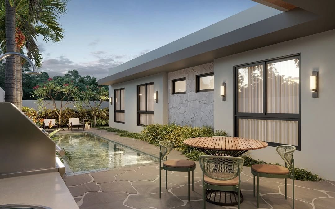 Estudo tridimensional da Casa JV: varanda gourmet com mesa redonda e vista para a piscina.