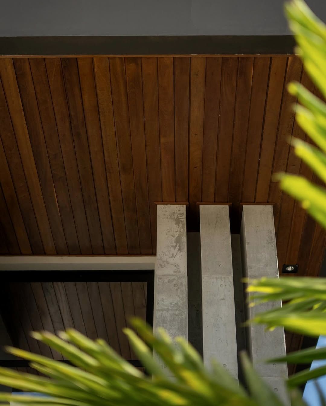 Fotografia da obra da Casa AF: detalhe do forro de madeira do beiral e vigas de concreto.