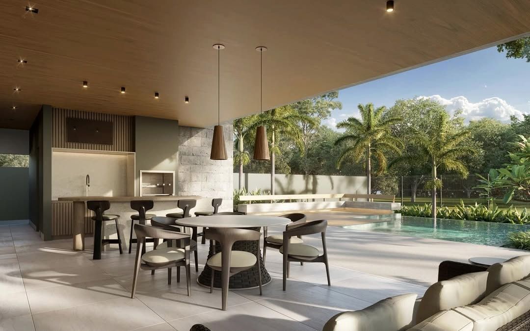 Estudo tridimensional da Casa VE: area gourmet com churrasqueira e piscina de borda infinita.