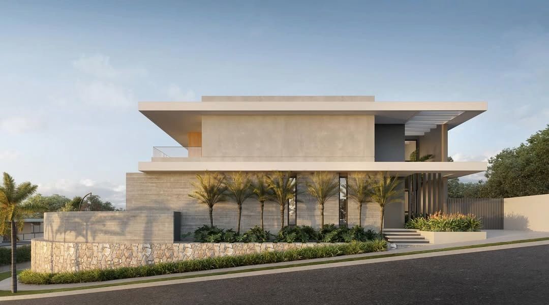 Estudo tridimensional da Casa KG: fachada lateral em elevacao, volumes em balanco sobre muro de pedra.