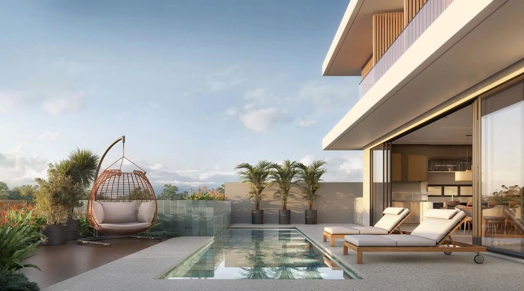 Estudo tridimensional da Casa KG: terraco elevado com piscina, ninho suspenso e espreguicadeiras.