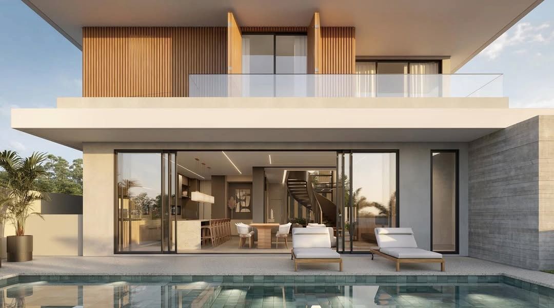 Estudo tridimensional da Casa KG: fachada de fundos com piscina e sala integrada, escada helicoidal.