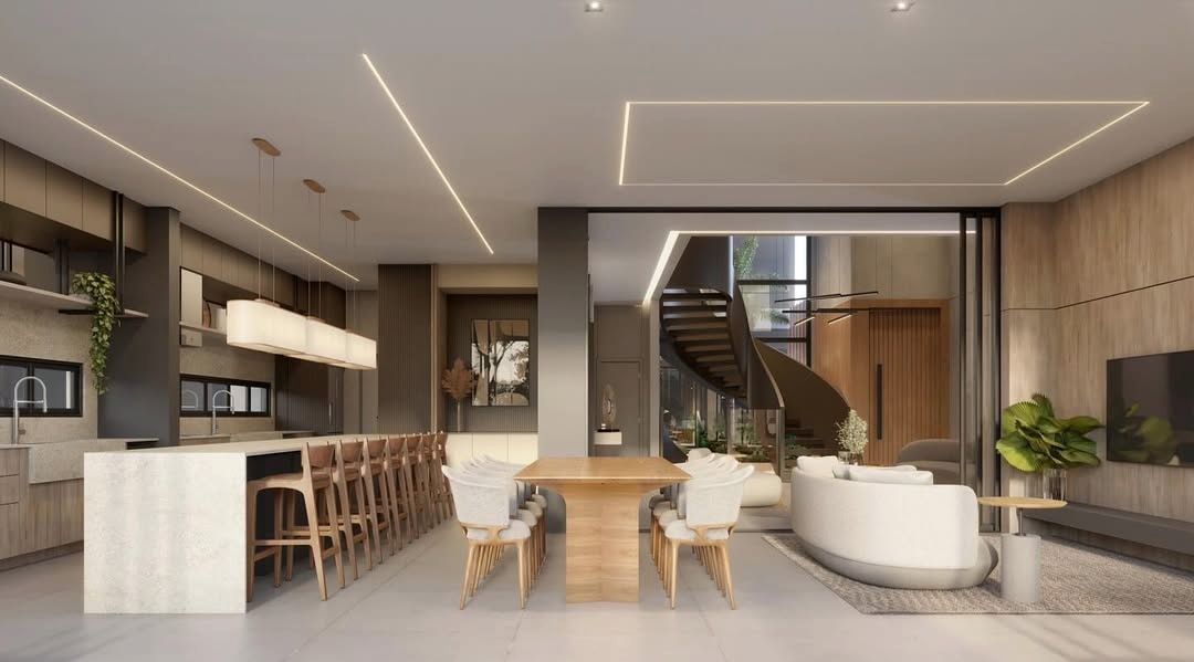 Estudo tridimensional da Casa KG: sala de estar/jantar integrada com cozinha e escada helicoidal ao fundo.