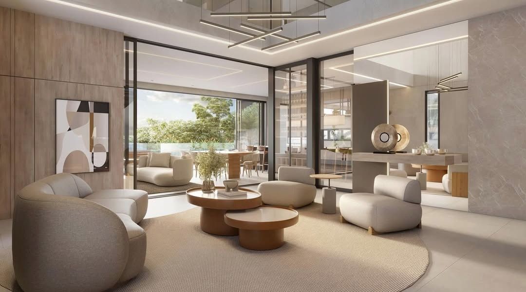 Estudo tridimensional da Casa KG: living social amplo com lustre linear e vista para varanda.