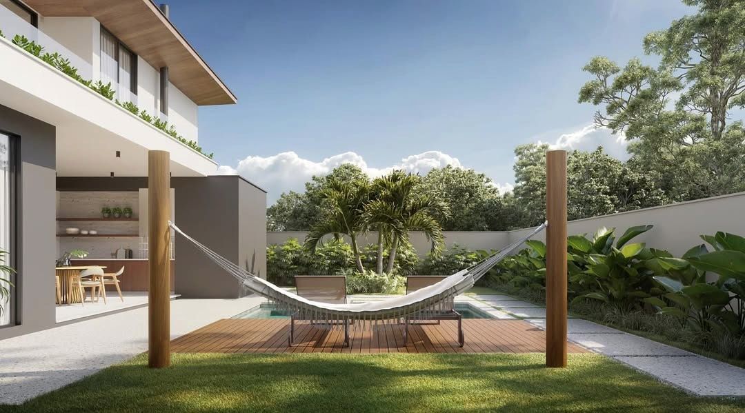 Estudo tridimensional da Casa RG: area de lazer com rede, deck de madeira, piscina e gourmet aberto.