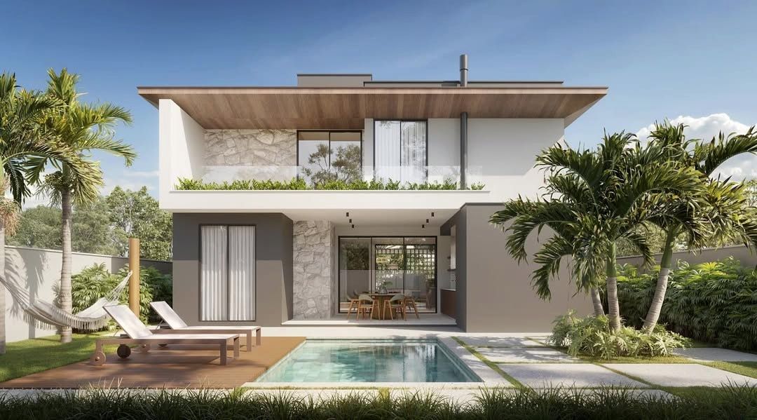 Estudo tridimensional da Casa RG: fachada de fundos com piscina, sobrado branco com beiral de madeira.