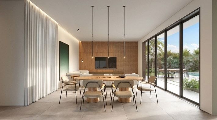 Estudo tridimensional da Casa LM: sala de jantar minimalista com pendentes finos e vao envidracado para a piscina.
