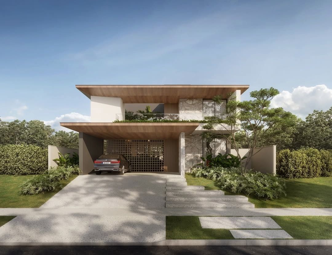 Estudo tridimensional da Casa RG: fachada frontal diurna com beirais em madeira, muxarabi metalico e pedra.