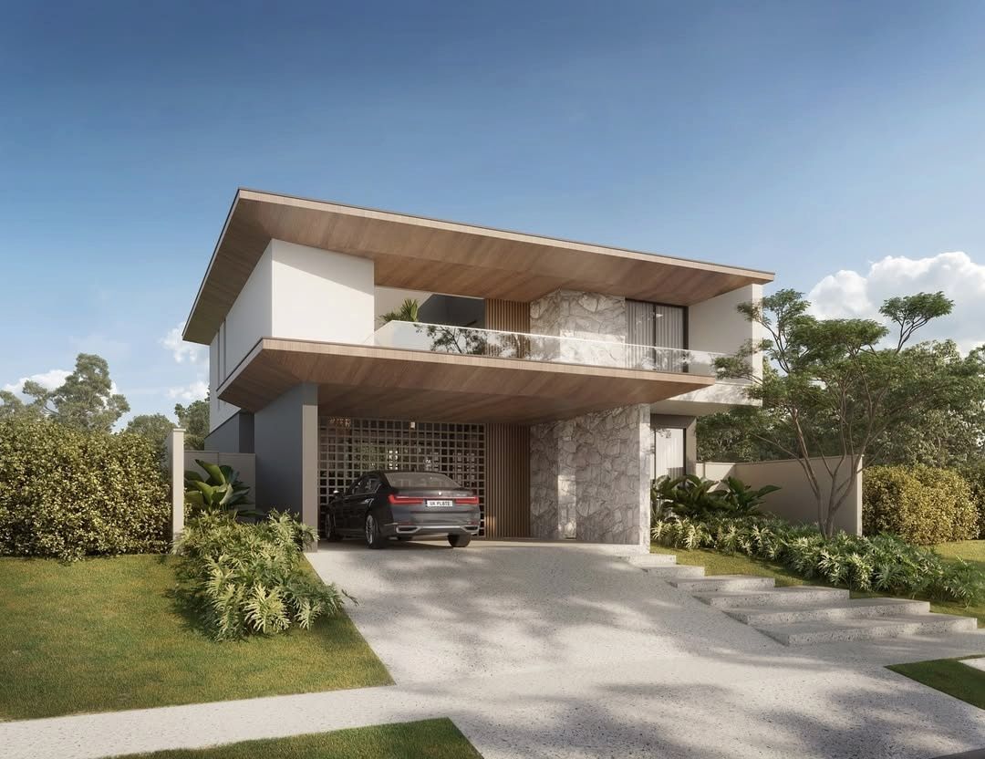 Estudo tridimensional da Casa RG: fachada diurna em perspectiva 3/4 com pedra moledo e muxarabi.
