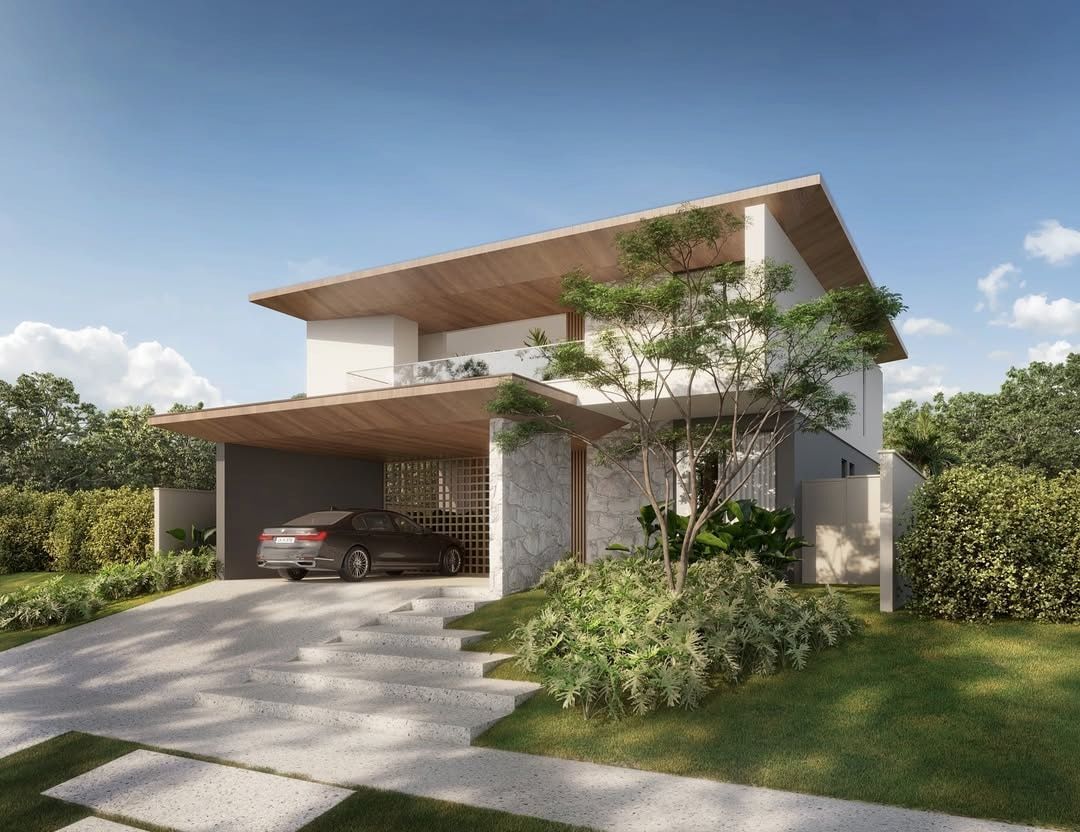 Estudo tridimensional da Casa RG: fachada diurna angulo oposto com arvore em primeiro plano.