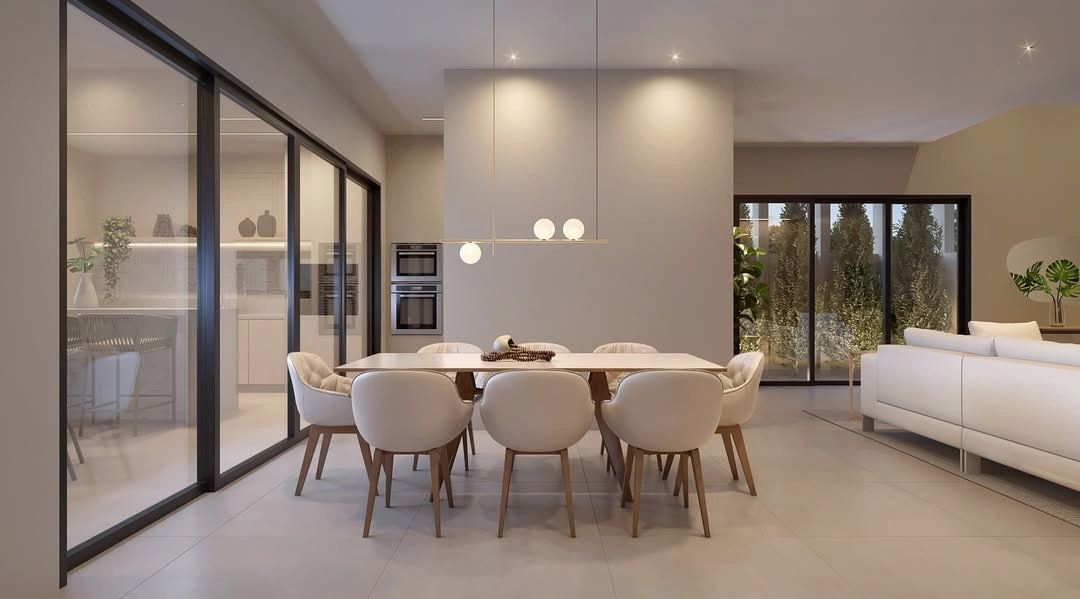 Estudo tridimensional da Casa GA: sala de jantar integrada com cozinha ao entardecer.