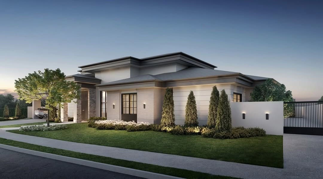 Estudo tridimensional da Casa LR: fachada em perspectiva 3/4 ao entardecer com jardim frontal.
