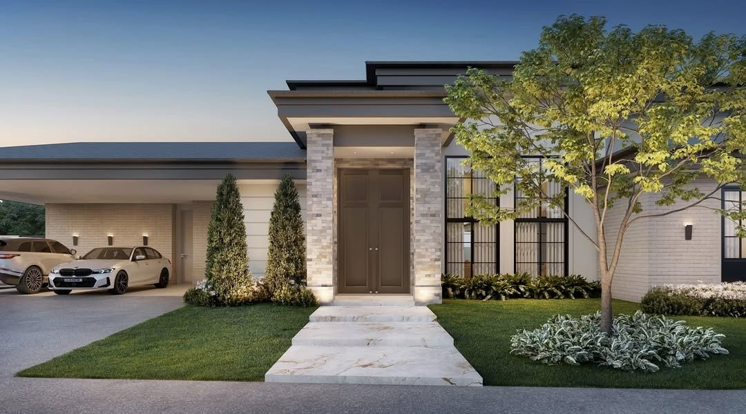 Estudo tridimensional da Casa LR: detalhe do hall de entrada, porta pivotante e caminho de marmore.
